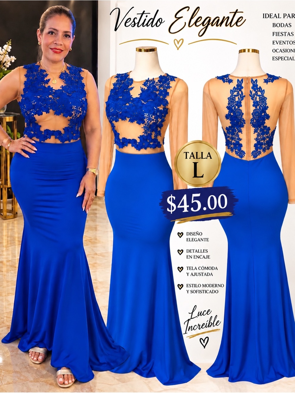 Elegant Royal Blue Lace Appliqué Maxi Dress - Brand: